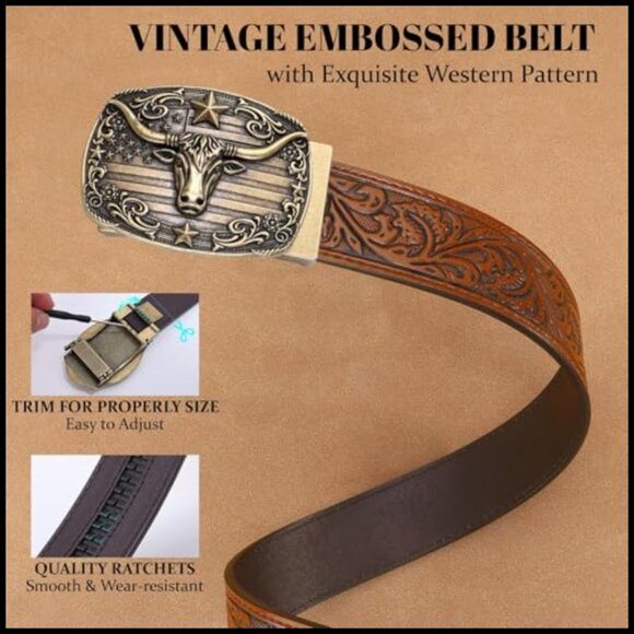 Leather Cowboy Ratchet Belt with Automatic Western Buckle